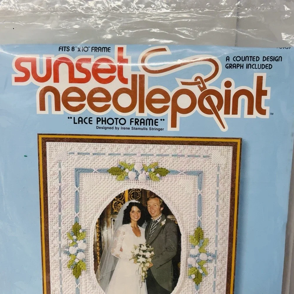 Vintage Sunset Needlepoint Wedding Lace Photo Frame Kit Fits 8x10 NOS